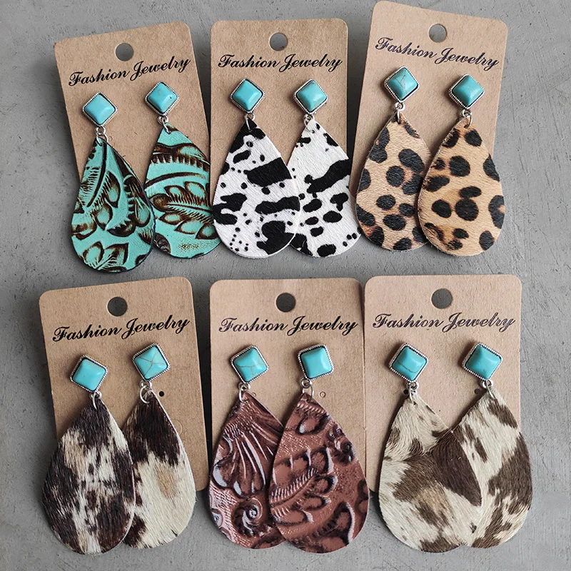 

New Leopard Horse Hair Cow Leather Earrings Bohemian Cow Vintage Embossed Leather Earrings Water Drops Turquoise Ear Rings