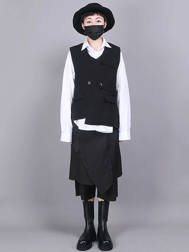 [EAM] Женская свободная черная Асимметричная жилетка большого размера с v-образным