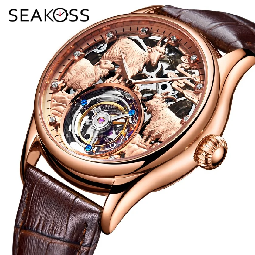 

AESOP Skeleton Flying Tourbillon Men Watch Mechanical Hand Winding Goat Hollow Pattern Sapphire Glass Wristwatches 7008