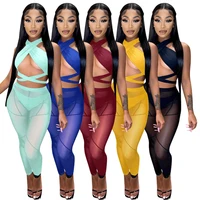 sexy bandage two piece set women 2022 halter crop top sheer mesh pants suits club party skinny tracksuit women outfits clothes