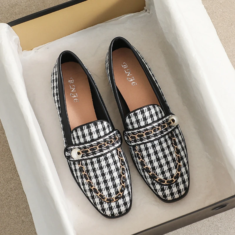 

Fashion Tweed Plaid Loafer Shoes Women Square Toe Mules Flat Casual Slip on Moccasins Ladies Spring Shoes Big Size Zapatos Mujer