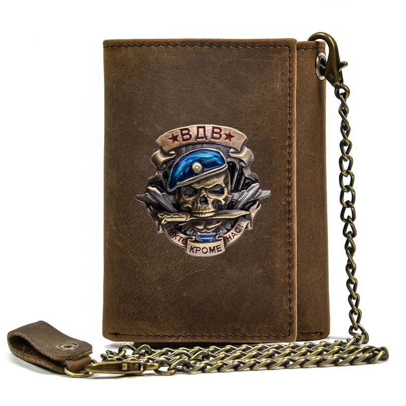

High Quality Men Genuine Leather Wallet Anti Theft Hasp With Iron Chain Russian Airborne Forcesо ВДВ Skull Card Holder Short