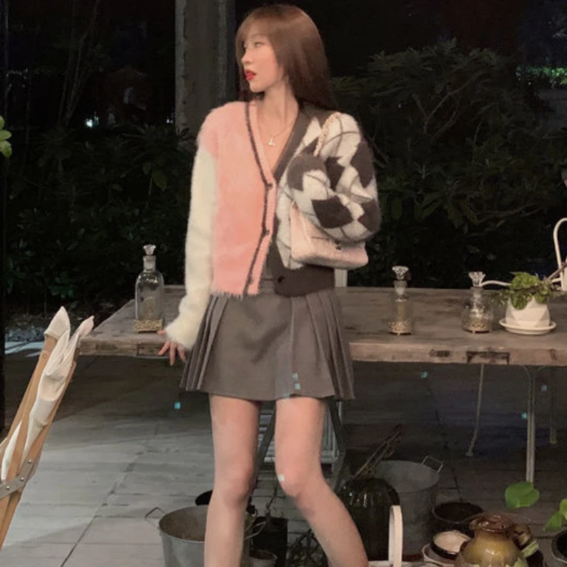 Женский кашемировый свитер из норки плотный клетчатый пальто мохеровый вязаный