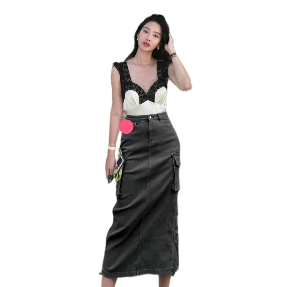 

Street Hundred Denim Splicing Half-body Skirt Women Temperament Fashion 2023 Fall New Pocket Straight Long Skirt Women Clothing