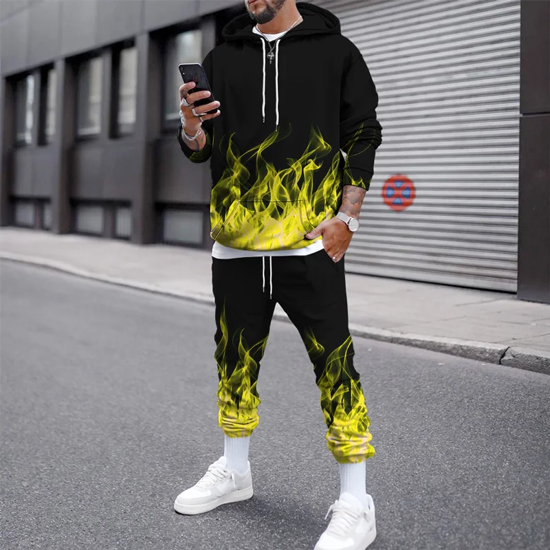 

2023 New Autumn Men Flame Print Outfit Jogging Set Tracksuit Casual Sportwear Plus Size Hoodie Sweater Top Pants Jogger Suit
