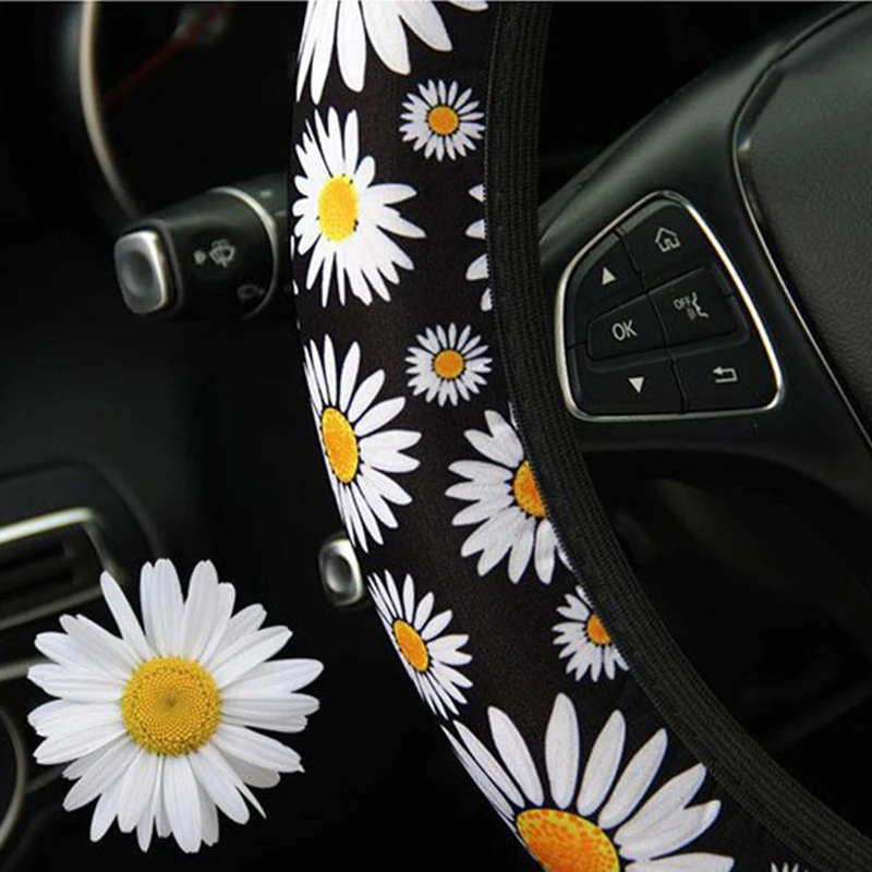 

1 Pcs Car Steering Wheel Cover Protector Cover Car Daisy Printed Anti-Slip Cover Universal Car Interior Accessories 37-39cm