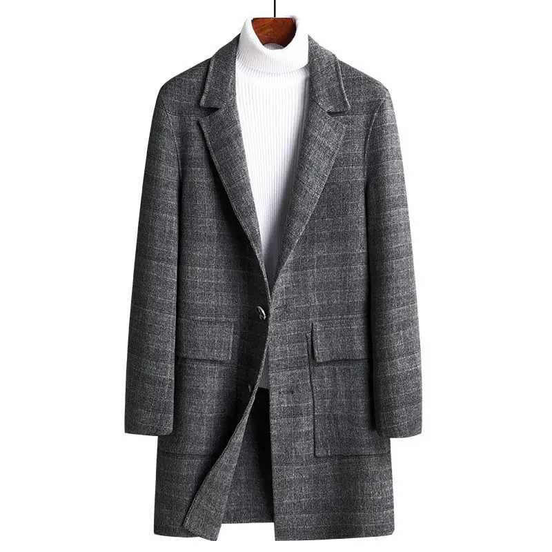 2022 Men's Autumn Winter New Long Plaid Cashmere Jackets Male Single Breasted Woolen Coats Men Casual Wool & Blends Outwear M05