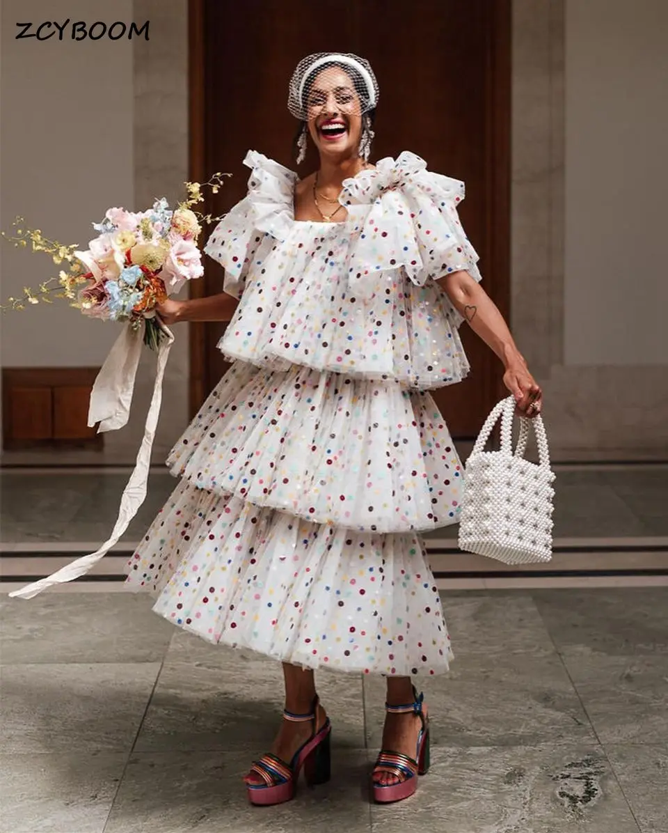 

New Arrival Dots Tulle Tiered Formal Evening Dresses 2022 Tea Length Short Sleeves Party Prom Gowns For Women Robes De Soirée