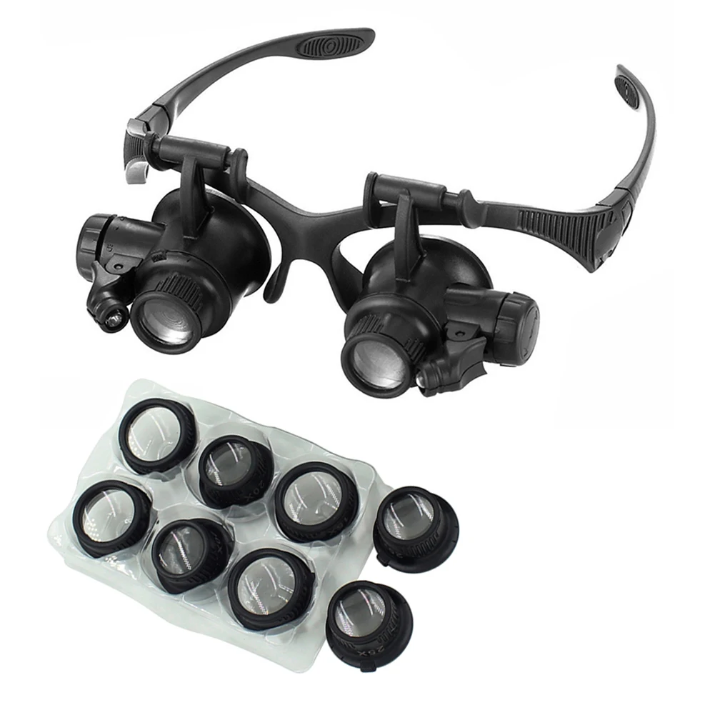 Magnifier Magnifying Glasses Watch Repair 10X 15X 20X 25X Dual Eye Jewelry With 2 LED Lights Loupe Lens For Dental Applications