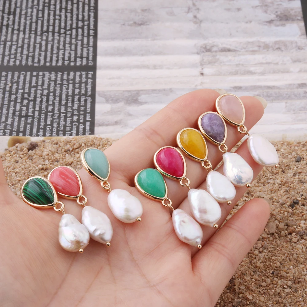 

NeeFuWoFu Natural Stone Freshwater Pearl Earrings For Woman Pink Crystal Stone Drop Hanging Brinco Geometry Party Charm Jewelry