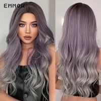 emmor synthetic ombre purple to silver wigs for women long wavy middle part cosplay wigs fake hair heat resistant fiber wig