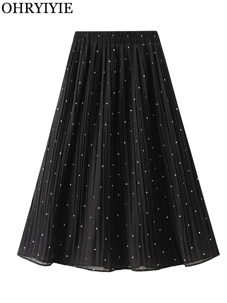 

OHRYIYIE весна лето горошек плиссированная юбка миди женская винтажная юбка с высокой талией женская корейская мода универсальная юбка женская