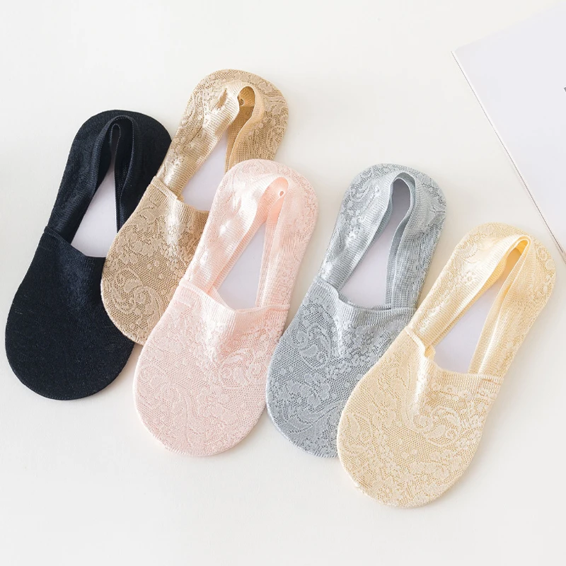5Pairs Lace Flower Short Socks Women Cotton Hollow Boat Socks Summer Silicone Non-slip Ankle Socks Invisible No Show Short Socks