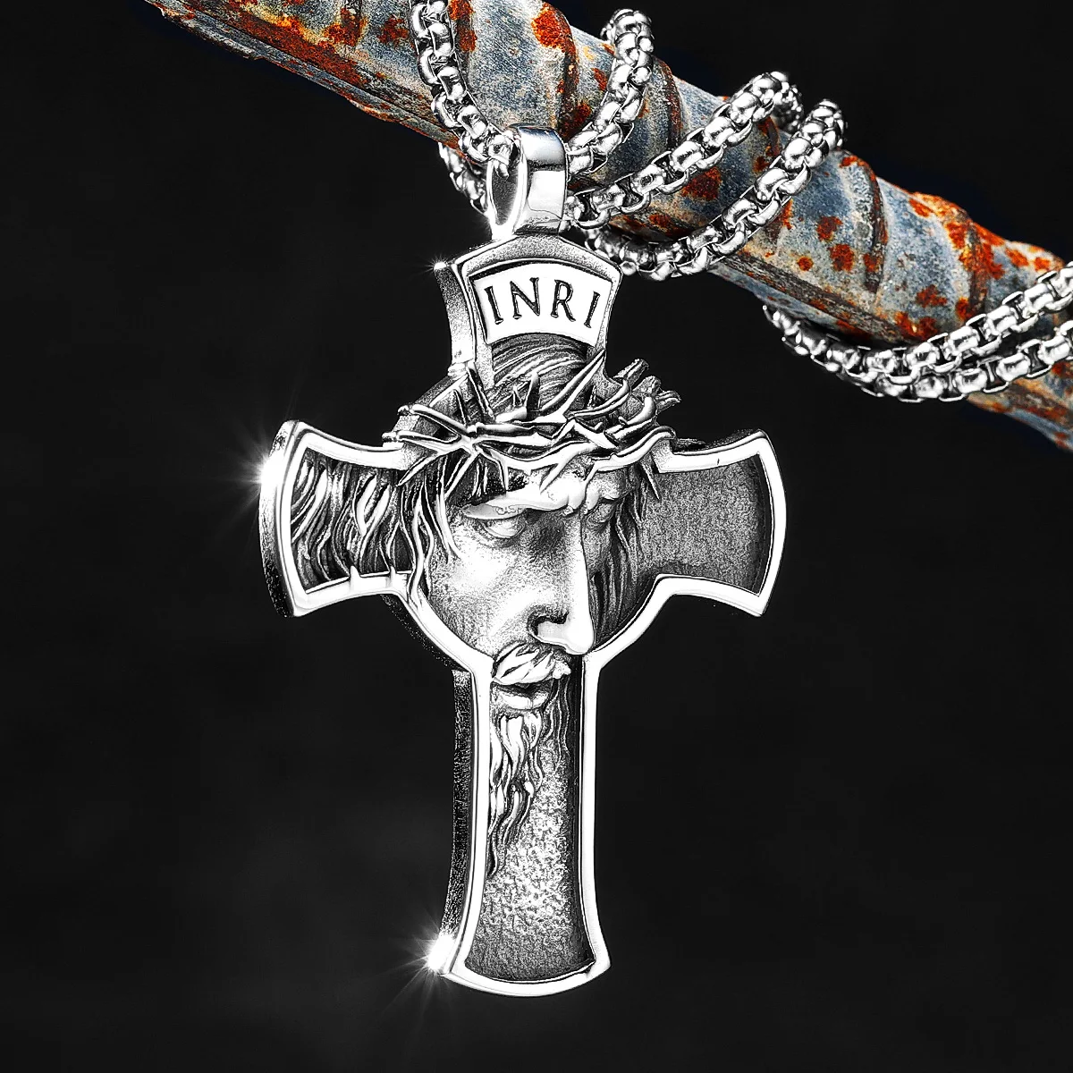 

INRI Jesus Cross Religon Amulet Stainless Steel Men Women Necklaces Pendants Chain Punk Trendy Jewelry Creativity Gift Wholesale