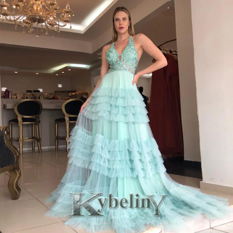 

Kybeliny Bule Tiered V-Neck Evening Dresses Backless Prom Robe De Soiree Graduation Celebrity Vestidos Fiesta Women Formal