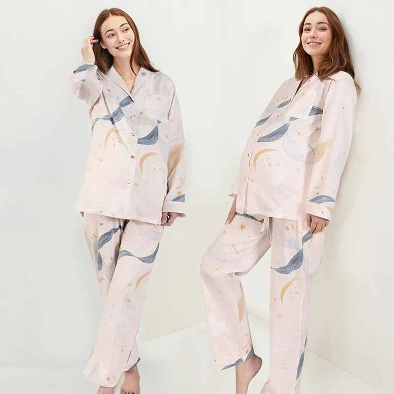 

Cotton Gauze Pajamas for Pregnant Women Postpartum Nursing Long Sleeve Trousers Suit Lapel Sexy Print Two Piece Set Pijama Mujer