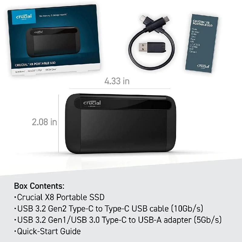 Crucial X8 1TB 2TB Portable SSD Up to 1050MB/s USB 3.2 Type-C External Solid State Drive X6 500G 4T Speed 800MB/s storage drive 5