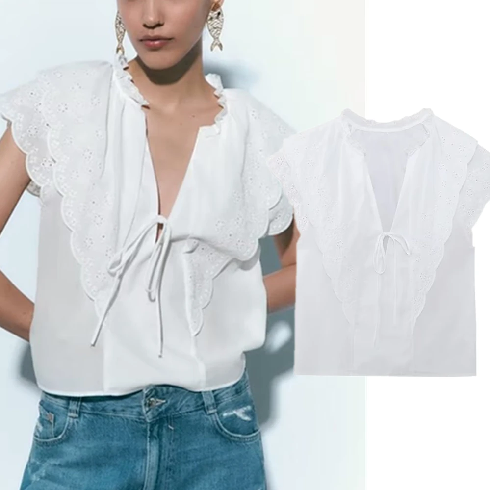 

Withered French Country Style Cotton Casual Shirt Ladies Fashion Blouse Women Embroidered Holiday Ruffles White Top