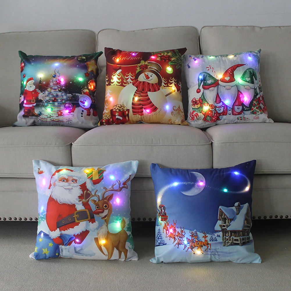 

LED Light Christmas Pillow Cushions Cover Santa Elk Throw Pillows Cover For Home Glow Santa Clause Decor Home for Sofa 2023