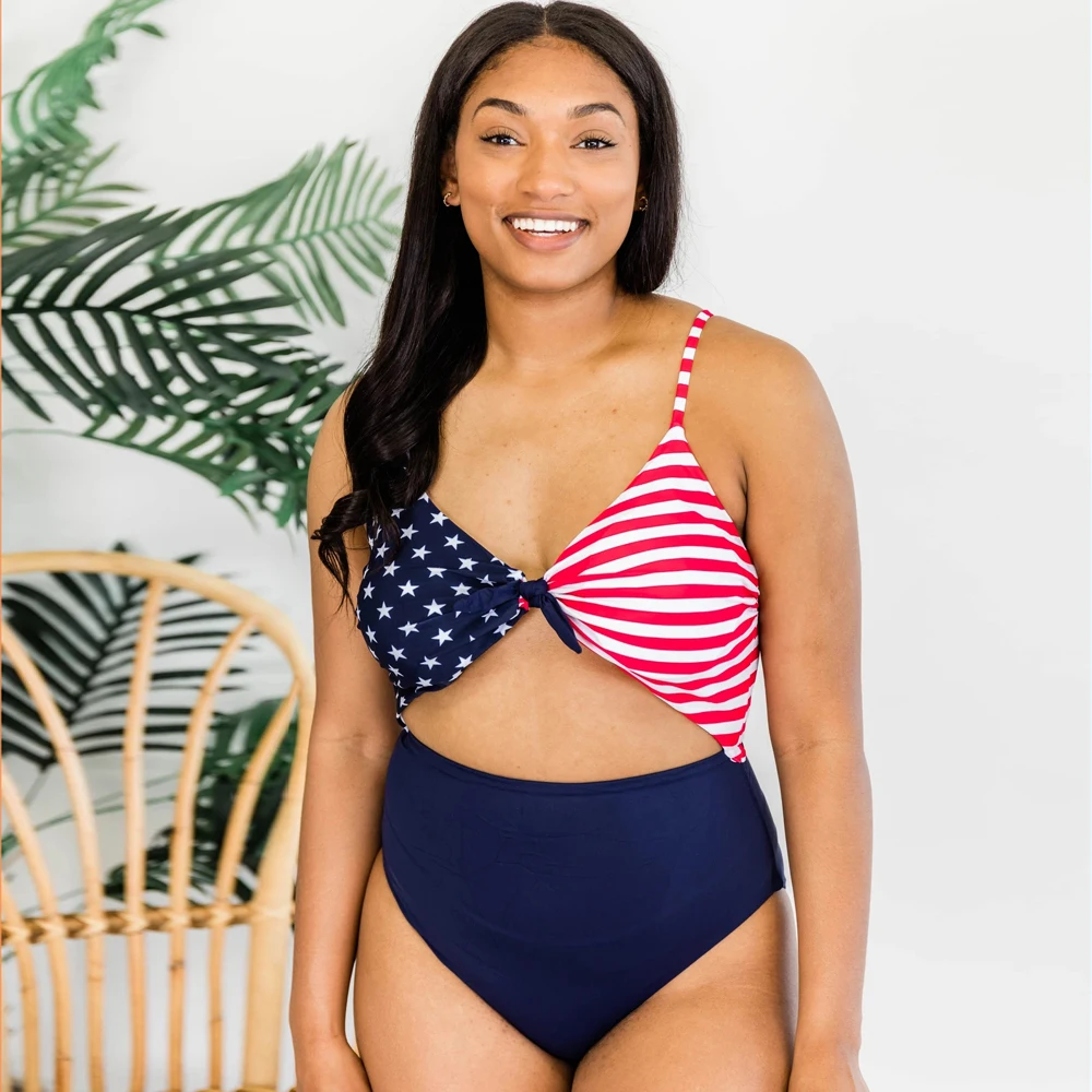

US Flag Bathing Suit Cut Out Monokini Striped Star Print Bodysuit One Piece Swimwear Bather Swimsuit Womens Summer Beachwear