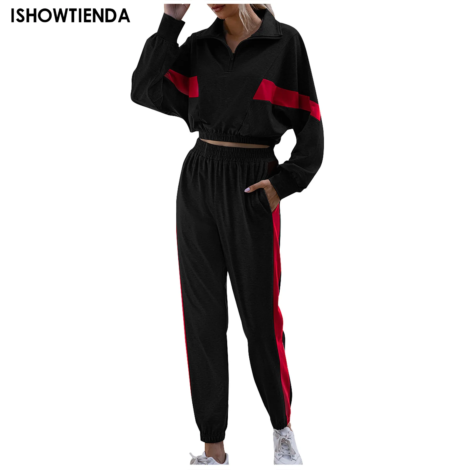 

Women's Two-piece Sets Casual Loose Sweatshirt Set Long Sleeve Splicing Zipper Collar Top Elastic Waist Pants Dark Set