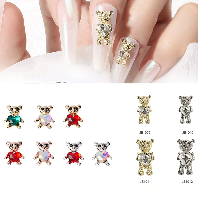 

10Pcs/lot Alloy Bear Nail Art 3D Charms 10*13mm Rhinestone Crystal Animal Metal Heart Charm Manicure Design Nails Accessories