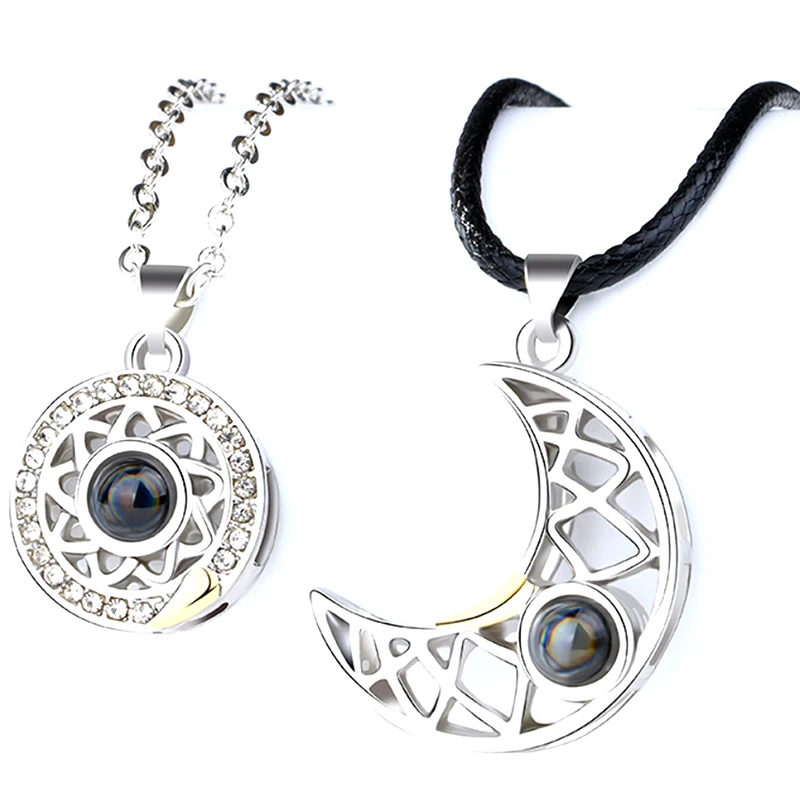 2PCS/set Sun Moon Couple Projection Necklaces I LOVE YOU In 100 Languages Necklace For Memory Of Choker |