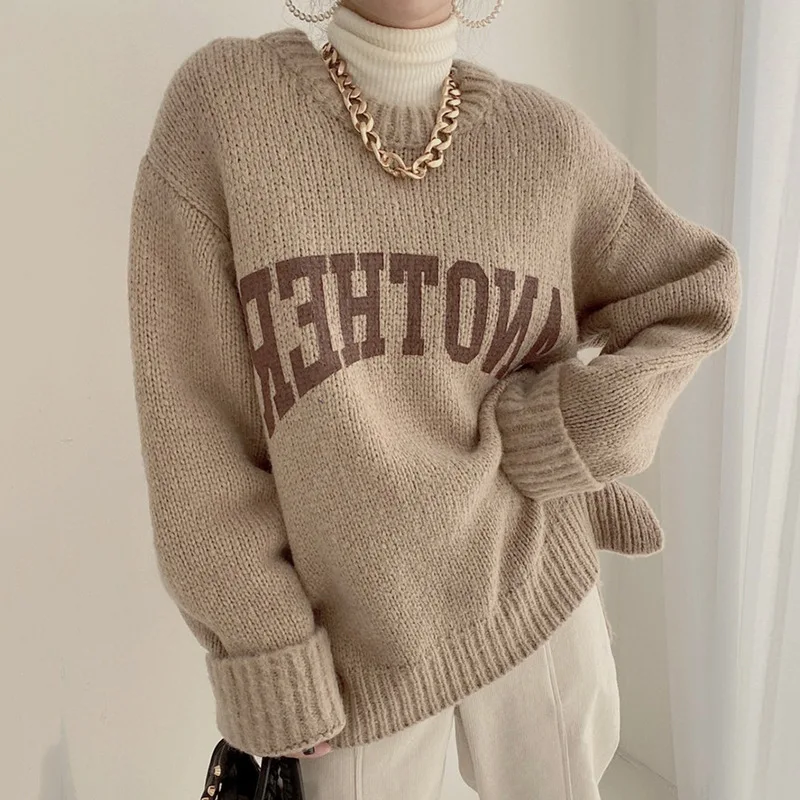 

Fashion Korean Letter Women Knitted Sweater Harajuku Sweet Lazy Pullovers Autumn Winter O-Neck Loose Female Tops