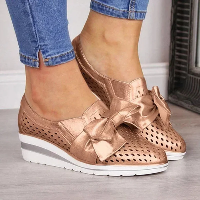 

Summer Woman Sandals Female Bowties Shoes Ladies Hollow Out Breathable Wedges Women Solid Slip on Women's Footwear Plus Size 43