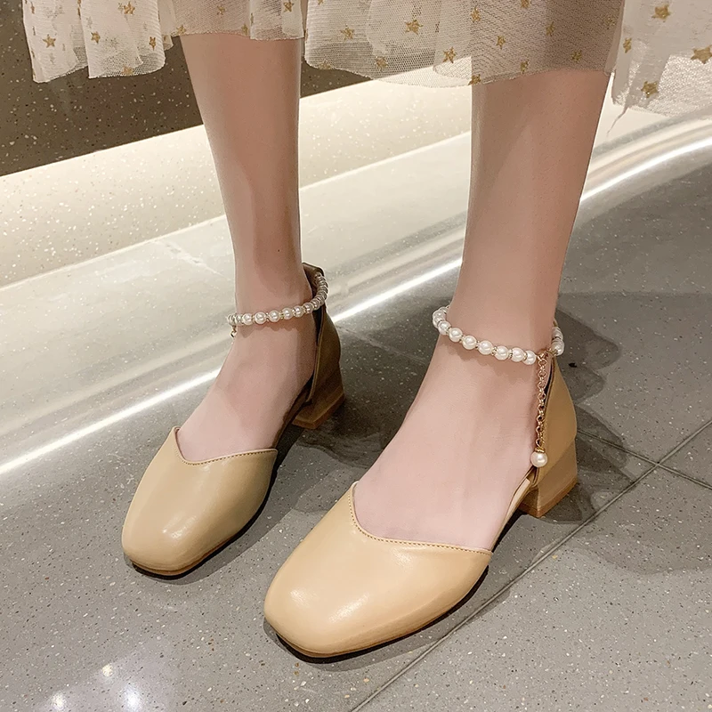 

Pearl Chain Sandals Ankle-wrap Square Heel Women 2022 Spring Summer Wrap Toe Wedge Sandal Lady Elegant Party Sandalias de mujer