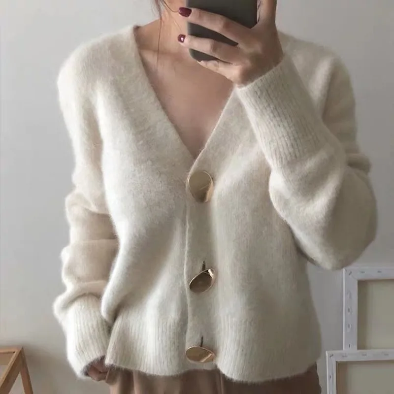

Autumn Winter New Golden Button Single Breasted Mohair Sweater Women Cardigans Sweaters Khaki Casual Female Warm Knitted Elegant