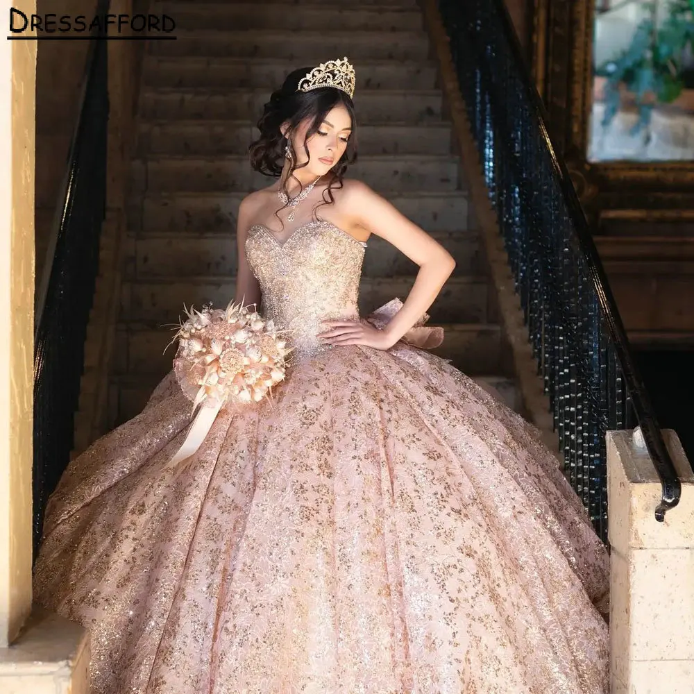 

Женский бальный корсет с бантом на спине, розовое золото, бальное платье без рукавов с блестками и бисером