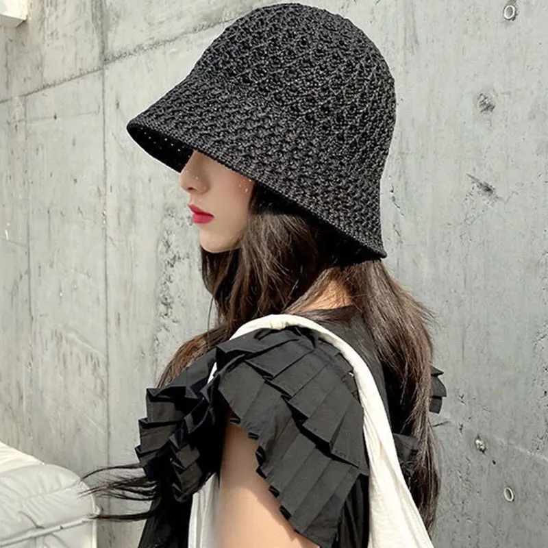 

Women Hollow Knitted Bucket Hat Summer Foldable Sunscreen Sun Hats Solid Female Crochet Fisherman Hat Panama Cap