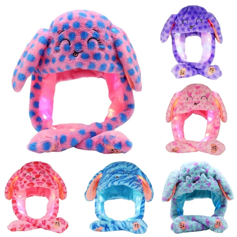 

Светодиодная шапка с кроличьими ушками, шапка с движущимися кроличьими ушками в горошек, светящаяся шапка с мягкими ушками, шапка для прыжк...