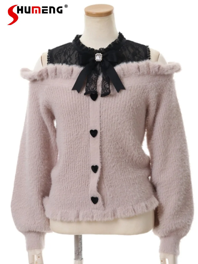 

Sweet Winter Clothes Women Off-the-Shoulder Sweater Female Student Long Sleeve Knitwear Bow Lace Waist Slimming Sweaters