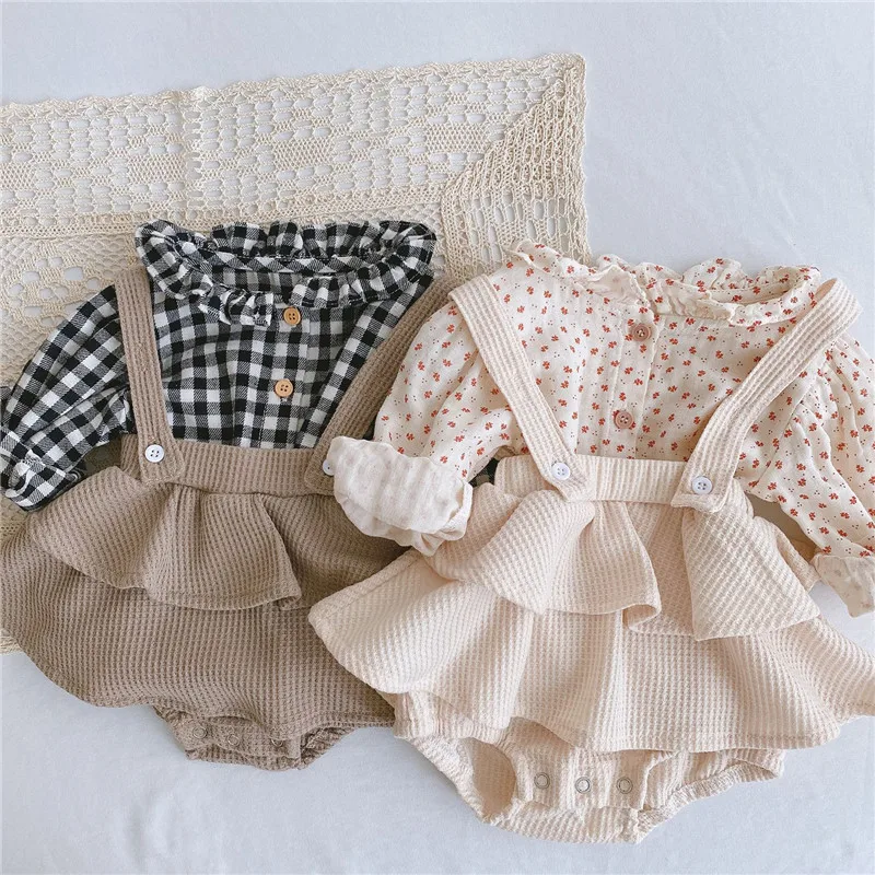 Summer Floral Baby Clothing Newborn Girls Boys Bodysuits Long Sleeve Infant Toddlers Grid Suit Princess Romper Outfit Set