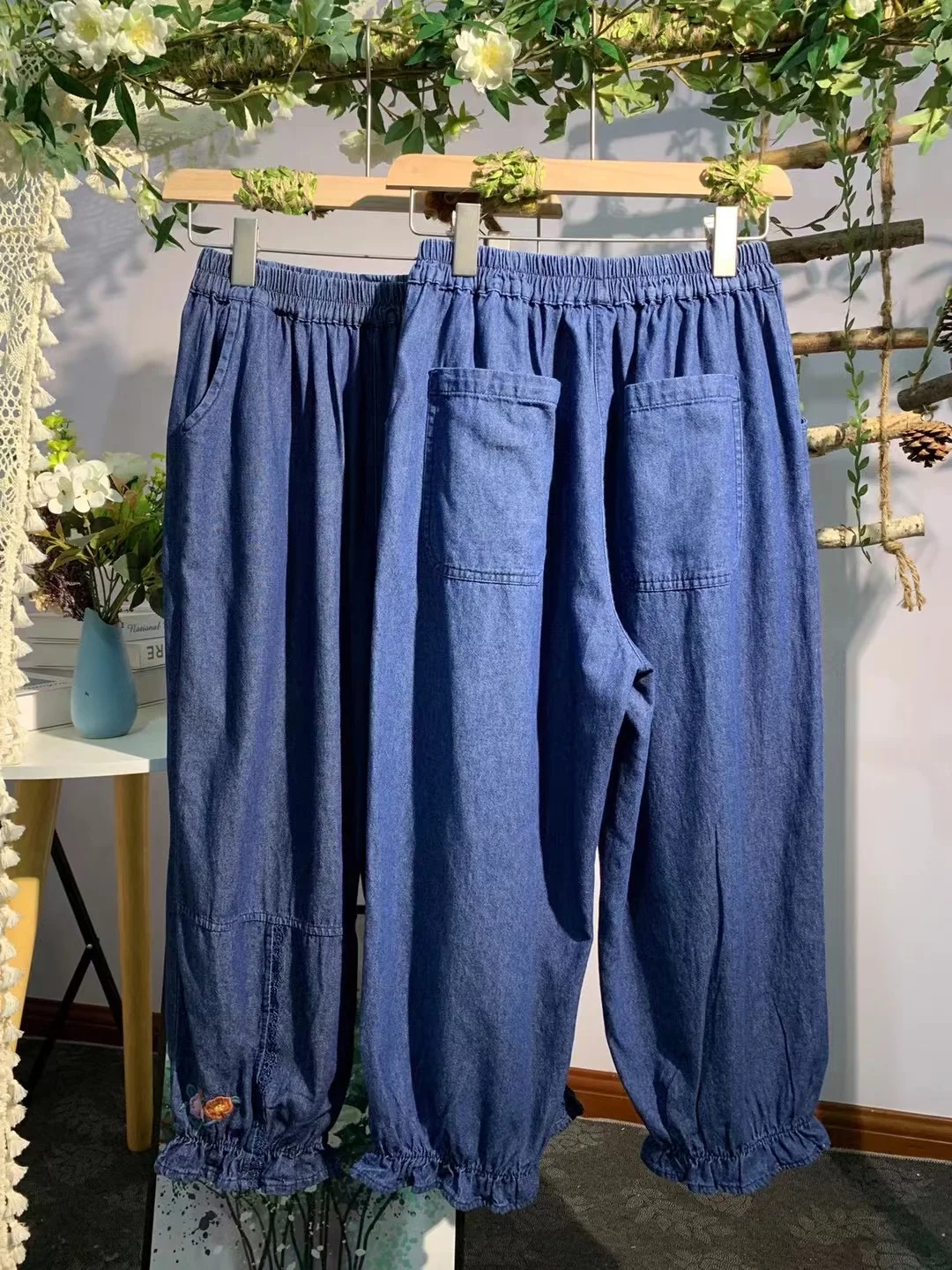 Джинсы с вышивкой Mori Girl женские винтажные свободные хлопковые брюки до щиколотки