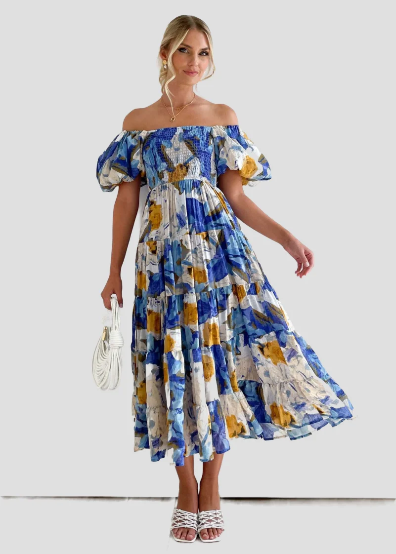 Летнее модное платье с принтом сексуальное открытыми плечами и