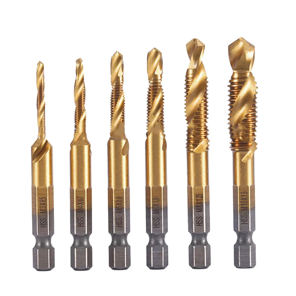

1PC HSS Tap Drill Bit Hex Shank Titanium Plated Thread Metric Tap Spiral Flutes Tap Drill Compound Tap M3 M4 M5 M6 M8 M10