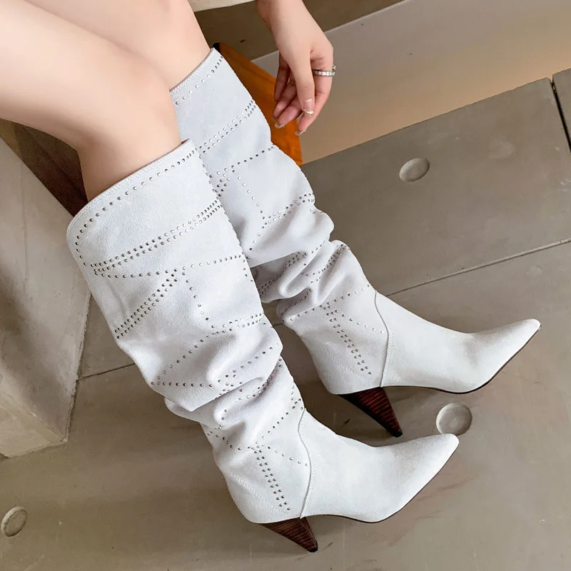 

Женские высокие сапоги до колена, привлекательные сапоги на высоком каблуке-шпильке с заклепками, элегантные плиссированные сапоги без шнуровки для осени и зимы