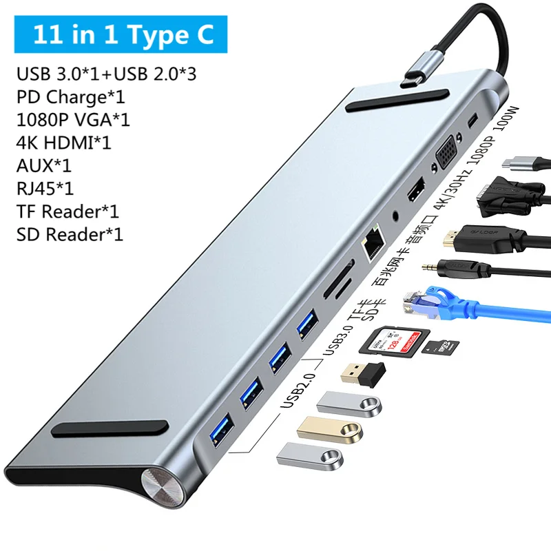 8/11/12-in-1 Type C Dock USB C Hub 3.0 Splitter Multiport Adapter 4K HDMI RJ45 SD/TF VGA HDMI PD for Laptop MacBook iPad xiaomi