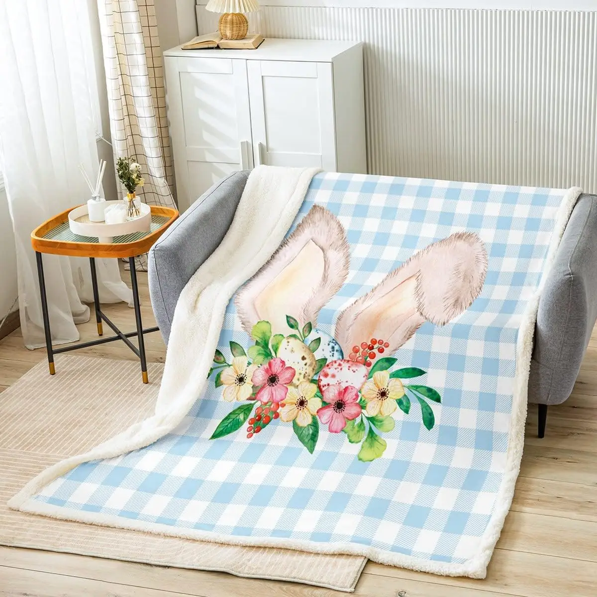 

Easter Day Fleece Throw Blanket Cute Bunny Rabbit Plush Blanket for Kids Happy Easter Sherpa Blanket Geometric Gird