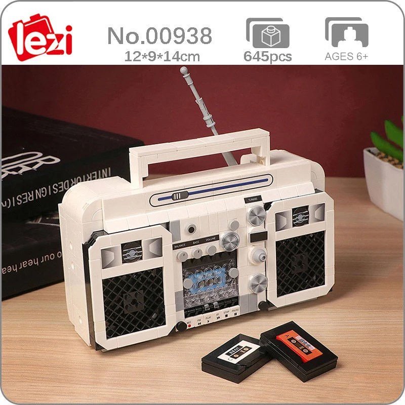 Lezi 00938 Antenna Radio White Tape Player Music Recorder Machine Model DIY Mini Blocks Bricks Building Toy for Children no Box