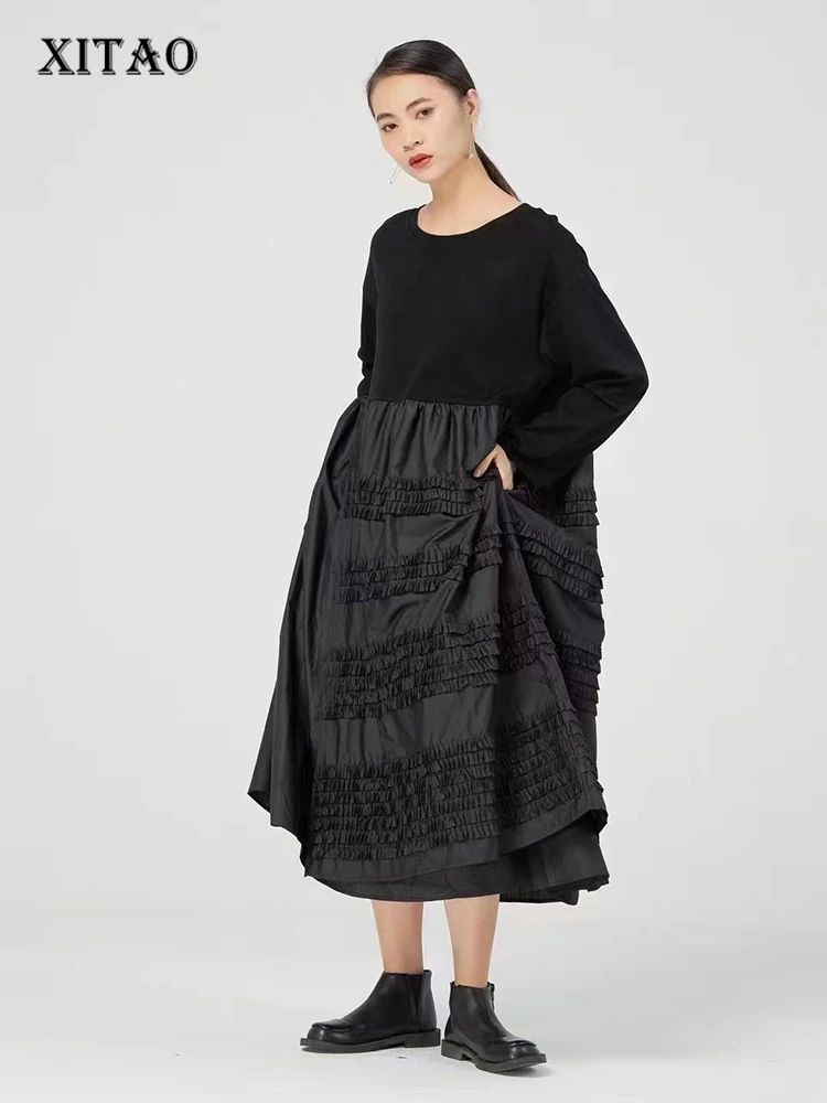 

Женское платье с длинным рукавом XITAO, черное повседневное свободное платье со складками и грибком, WLD9481