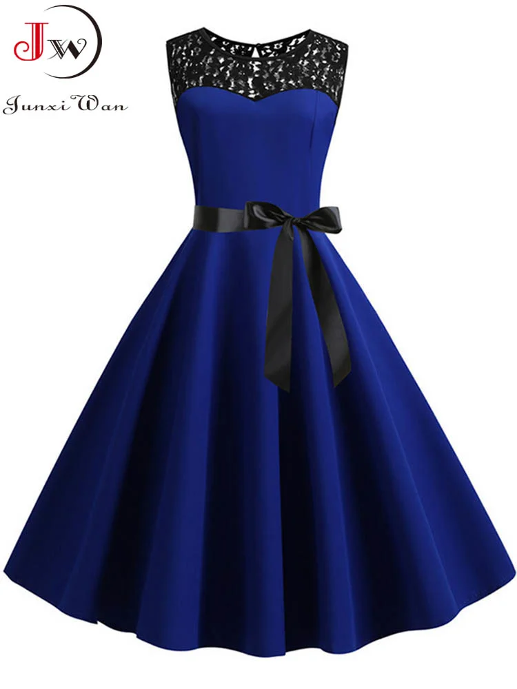 

Женское кружевное платье в стиле пэчворк, синее элегантное винтажное платье для офиса и вечеринок, повседневное и рабочее платье для лета