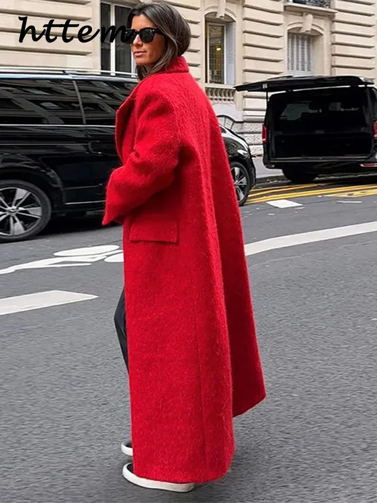 Женское однобортное пальто с лацканами Длинное Красное свободное уличное из