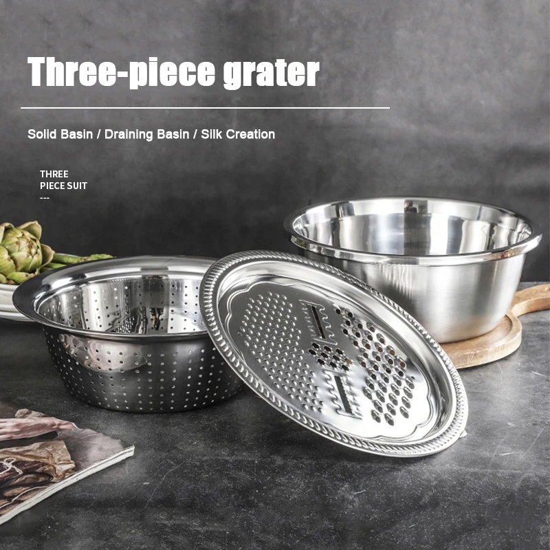 

Stainless Steel Multi-function Grater Three-piece Set of Washing Rice Sieve Graft Basin Vegetables Fruits Draining Wash Basin