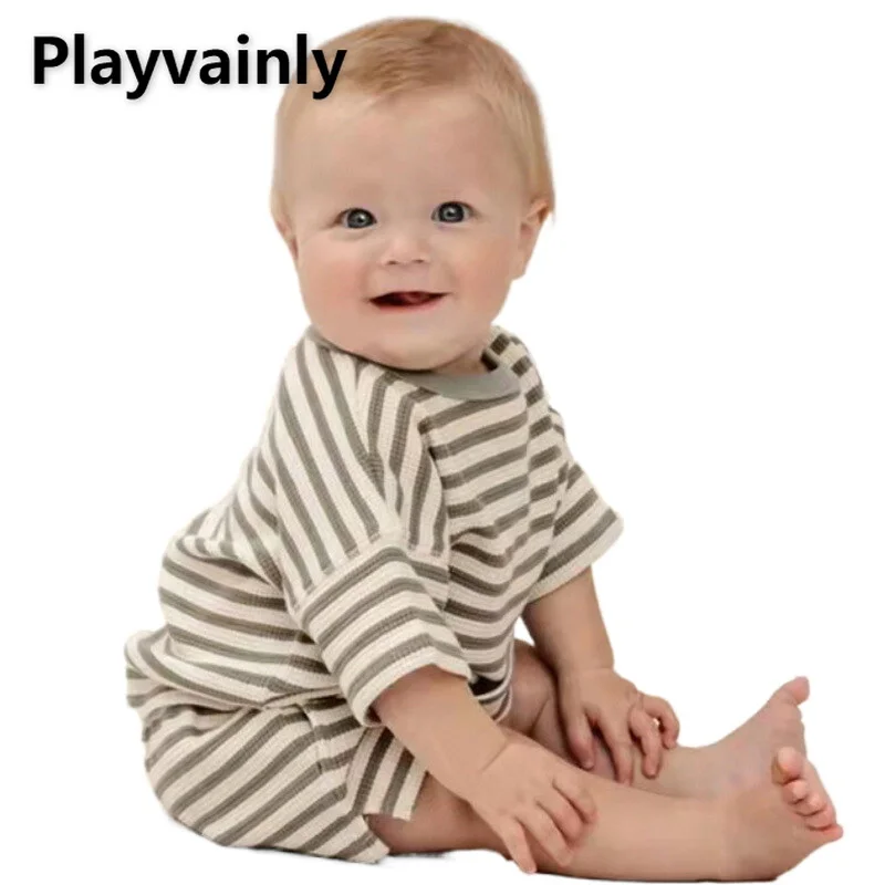

Summer Clothing Set Round Collar Short Sleeves Striped T-shirt+Shorts Children Clothes for Girl Boy Unisex Baby Clothes E6117
