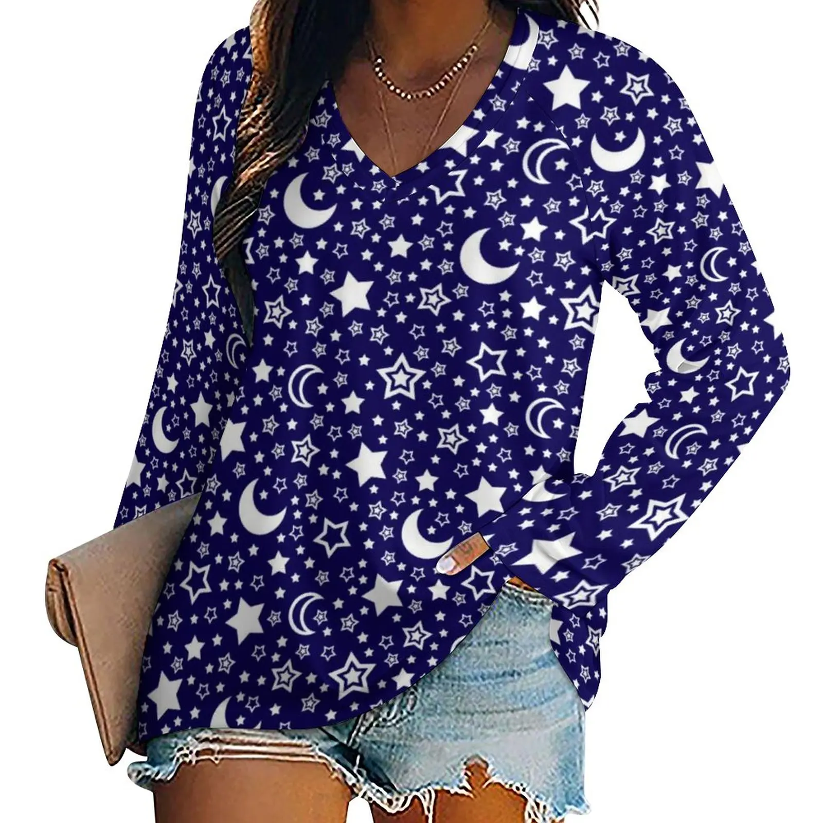 

Футболка женская с принтом луны и звезд, Модный Элегантный Топ с длинным рукавом, в Корейском стиле, размеры 3XL, 4XL, 5XL