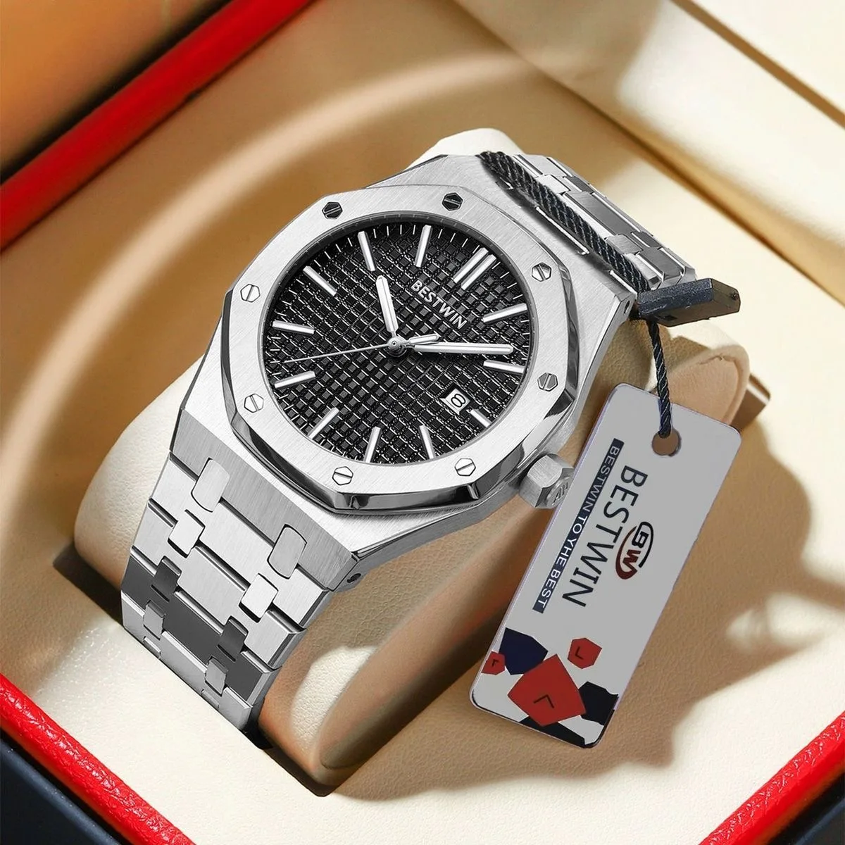 Фото Мужские часы BESTWIN Original Luxury, с датой, светящиеся, водонепроницаемые, с браслетом из нержавеющей стали, модные, деловые, кварцевые. №2